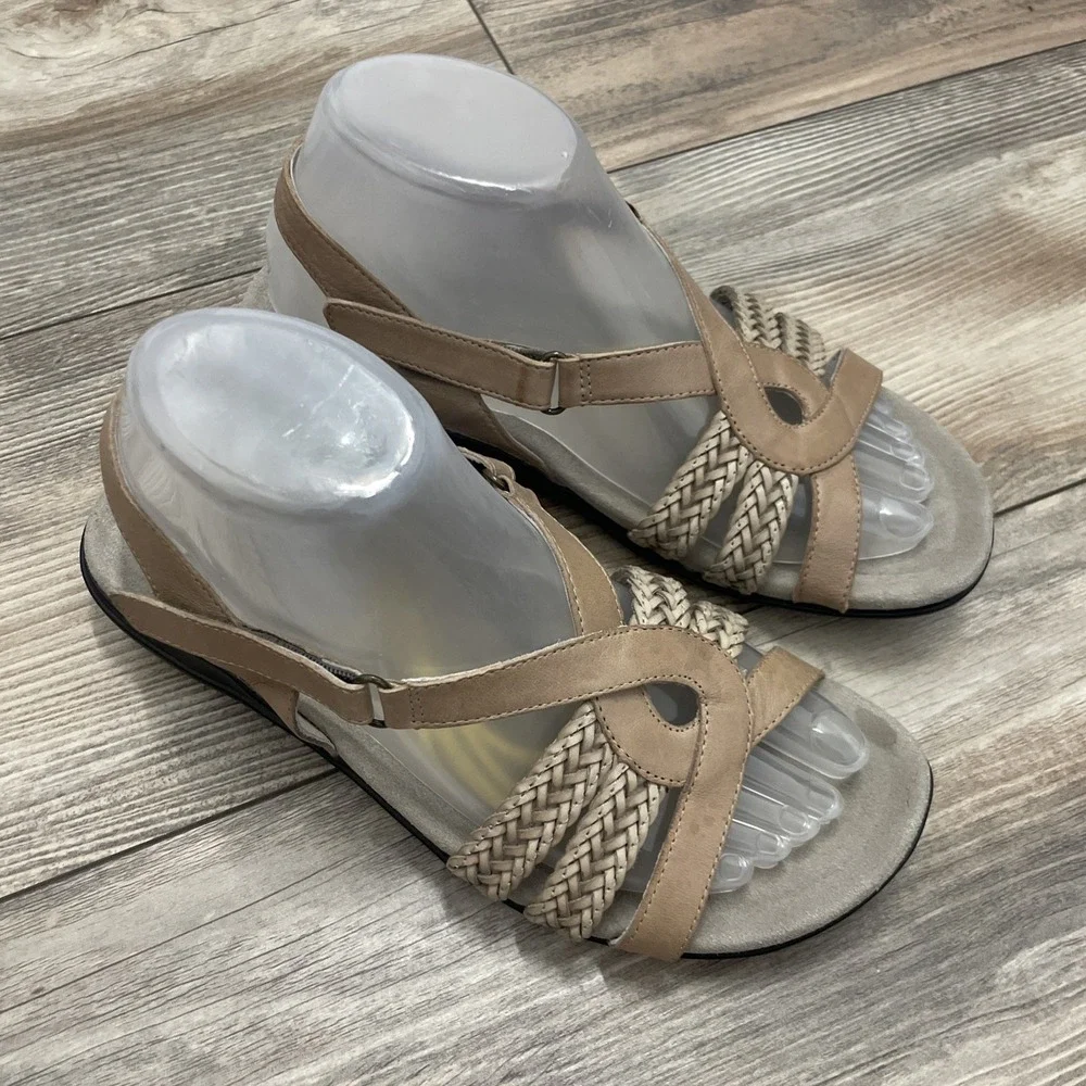Abeo Betsy Sandals Women 7.5N‎ Tan Leather Strappy Slide Boho Comfort Summer